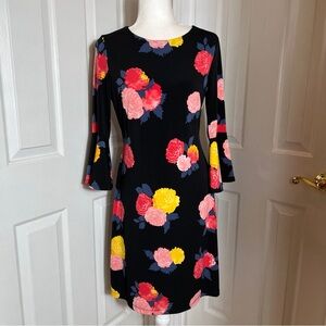 Tommy Hilfiger Dress Black Floral Pink Red Print Bell Sleeves Size 4 Knee Length